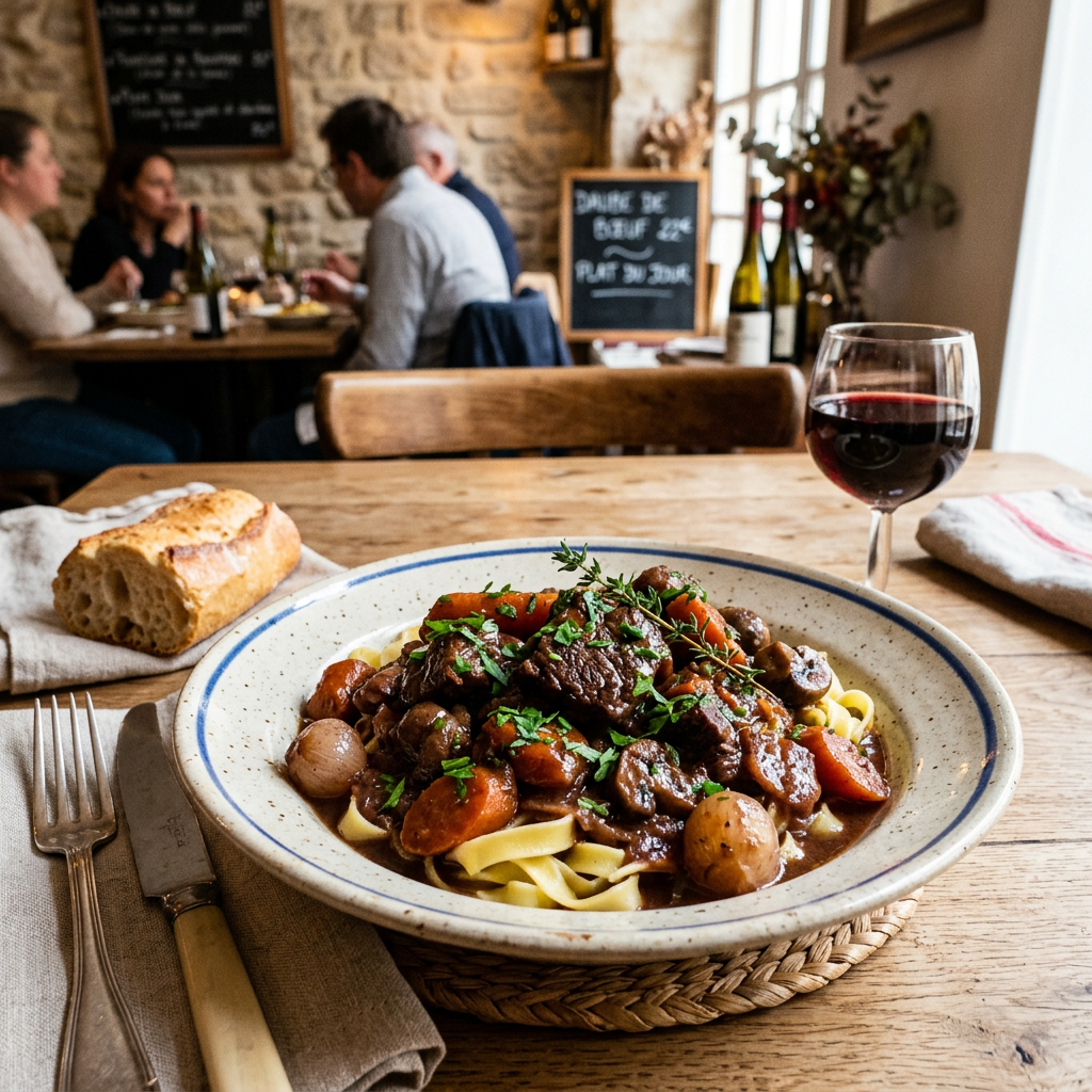Plate of beef stew with carrots, onions, and mushrooms over pasta, with bread and glass of red wine