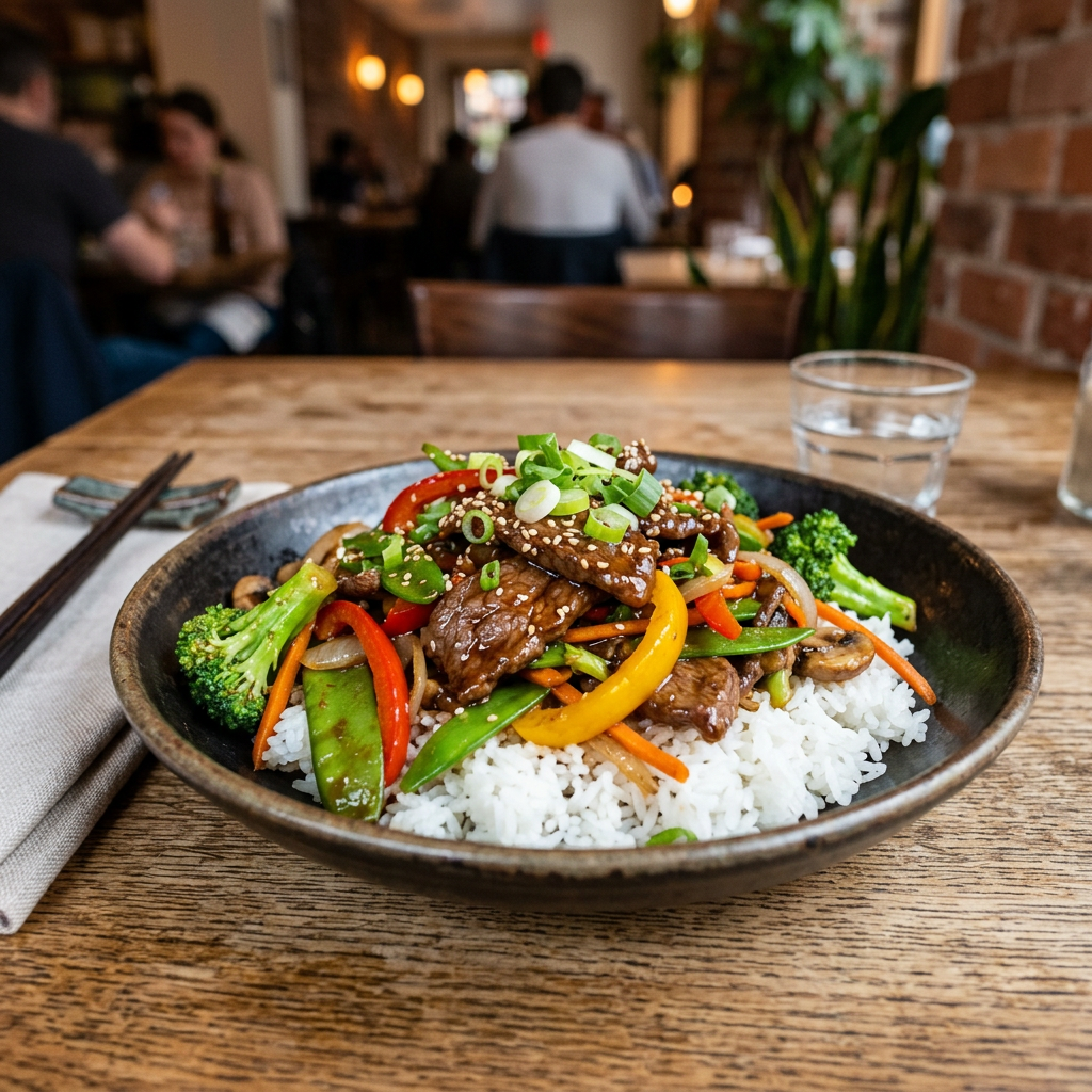 Beef stir-fry with bell peppers, broccoli, carrots, and green onions on white rice